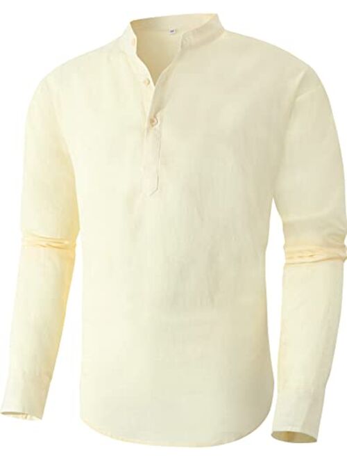 Boisouey Men's Cotton Linen Henley Shirt Long Sleeve Hippie Casual Beach T Shirts