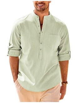 Men's Cotton Henley Shirt Long Sleeve Slim Fit Linen Casual Summer Beach Hippie T Shirt