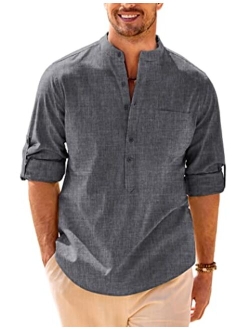 Men's Cotton Henley Shirt Long Sleeve Slim Fit Linen Casual Summer Beach Hippie T Shirt