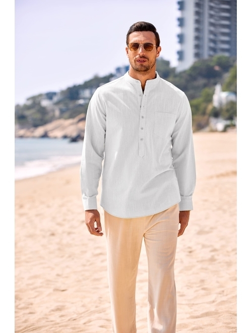 COOFANDY Men's Cotton Henley Shirt Long Sleeve Slim Fit Linen Casual Summer Beach Hippie T Shirt