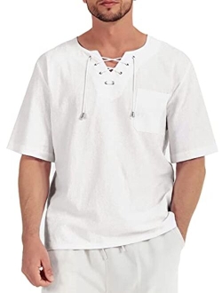 Fashonal Men's Cotton Linen Hippie Shirts Casual Lace Up Tunic V-Neck Yoga Beach Top