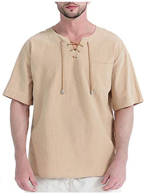 Fashonal Men's Cotton Linen Hippie Shirts Casual Lace Up Tunic V-Neck Yoga Beach Top