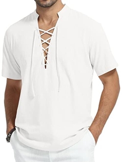 KUYIGO Mens Cotton Linen Shirts Short Sleeve Henley Shirt Lace Up V Neck Viking Hippie Beach Summer TeeTops