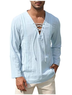 TURETRENDY Men's Cotton Linen Henley Shirt Lace Up Long Sleeve V Neck Casual Beach Hippie Shirts