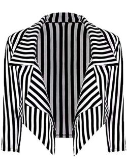 Loxdonz Women's Classic Sleeves Open Front Stripes Cropped Waterfall Crop Blazer Jacket Coat Cardigan