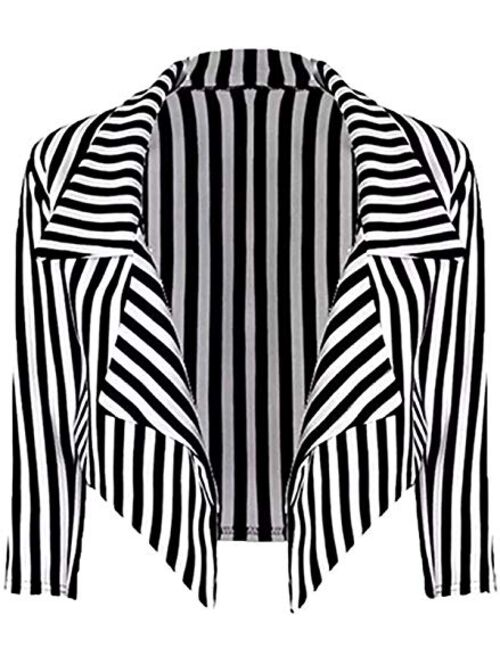 Loxdonz Women's Classic Sleeves Open Front Stripes Cropped Waterfall Crop Blazer Jacket Coat Cardigan