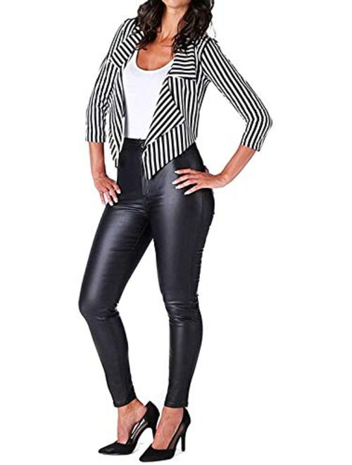 Loxdonz Women's Classic Sleeves Open Front Stripes Cropped Waterfall Crop Blazer Jacket Coat Cardigan