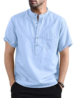 Karlywindow Men's Cotton Linen Henley Shirt Short Sleeve Hippie Casual Comfort Beach Yoga T Shirts