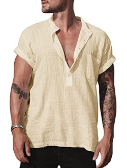 Karlywindow Men's Cotton Linen Henley Shirt Short Sleeve Hippie Casual Comfort Beach Yoga T Shirts