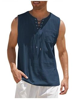 Men's Cotton Linen Tank Top Shirts Casual Sleeveless Lace Up Beach Hippie Tops Bohemian Renaissance Pirate Tunic