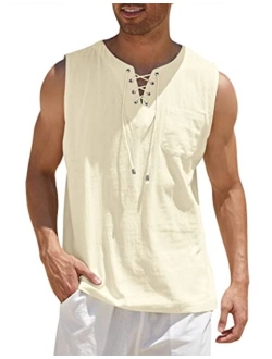 Men's Cotton Linen Tank Top Shirts Casual Sleeveless Lace Up Beach Hippie Tops Bohemian Renaissance Pirate Tunic