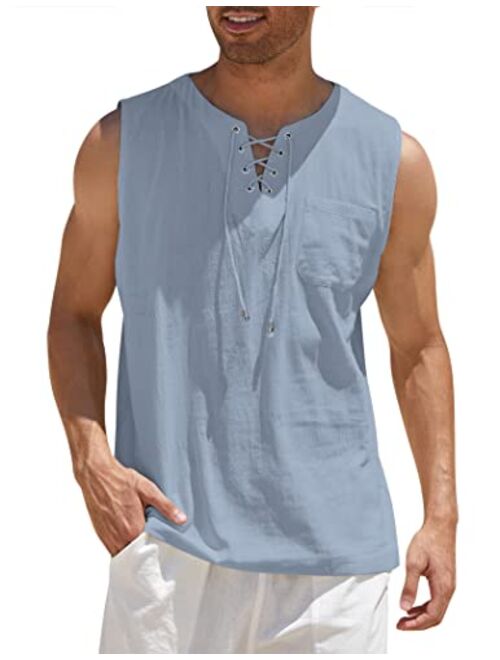 COOFANDY Men's Cotton Linen Tank Top Shirts Casual Sleeveless Lace Up Beach Hippie Tops Bohemian Renaissance Pirate Tunic