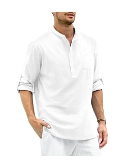 Gafeng Mens Cotton Linen Henley Shirt Longline Button Up Long Sleeve Casual Hippie Beach T Shirts with Pocket