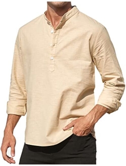 Men's Cotton Linen Henley Shirt Long Sleeve Hippie Shirts Casual Beach T-Shirt
