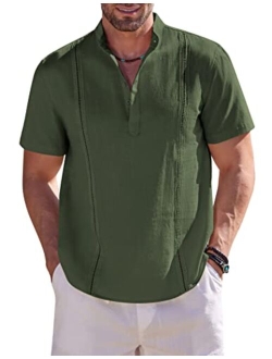Men's Cotton Linen Henley Shirt Short Sleeve Cuban Guayabera Shirt Hippie Casual Beach Band Collar T Shirts