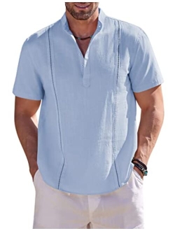 Men's Cotton Linen Henley Shirt Short Sleeve Cuban Guayabera Shirt Hippie Casual Beach Band Collar T Shirts