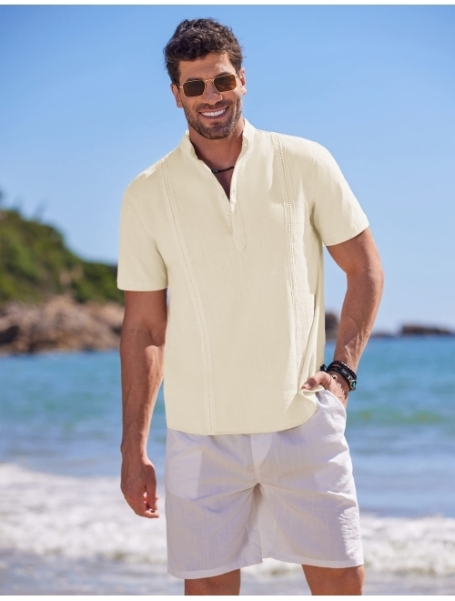 COOFANDY Men's Cotton Linen Henley Shirt Short Sleeve Cuban Guayabera Shirt Hippie Casual Beach Band Collar T Shirts