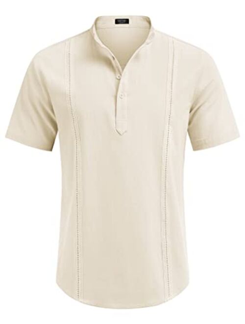 COOFANDY Men's Cotton Linen Henley Shirt Short Sleeve Cuban Guayabera Shirt Hippie Casual Beach Band Collar T Shirts