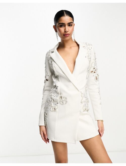 ASOS DESIGN plunge neck silver embellished sequin blazer mini dress in white