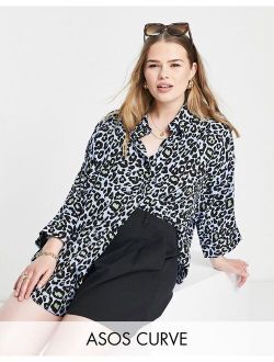 ASOS Curve ASOS DESIGN Curve oversized long sleeve shirt in blue leopard print