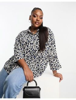 Curve oversized long sleeve shirt in blue animal print