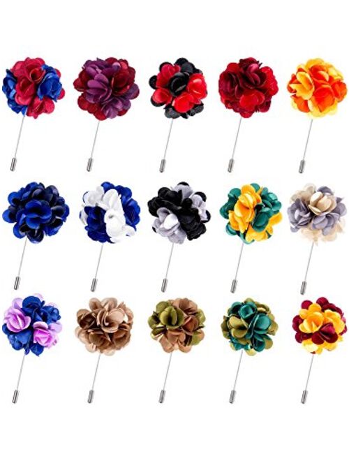 Pangda 15 Pieces Men's Lapel Pin Handmade Satin Flower Boutonniere Pin with Gift Box for Suit Wedding Groom (Multicolor B)
