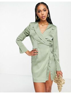 Aria Cove satin wrap dress with split detail in sage