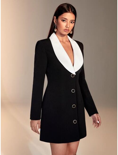 SHEIN BIZwear Contrast Collar Button Front Blazer Dress Workwear