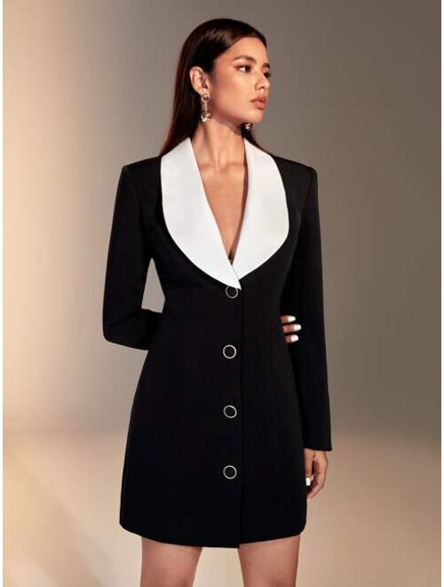 SHEIN BIZwear Contrast Collar Button Front Blazer Dress Workwear