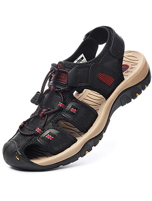 RUMDAX Men's Sport Sandals Outdoor Hiking Sandals Closed Toe Leather Athletic Trail Walking Casual Sandals Water Shoes