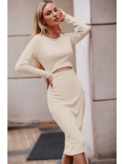 Women's Long Sleeve Midi Bodycon Dresses Casual Crewneck Cut Out Solid Color Fitted Pencil Dress