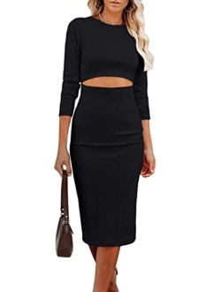 Women's Long Sleeve Midi Bodycon Dresses Casual Crewneck Cut Out Solid Color Fitted Pencil Dress