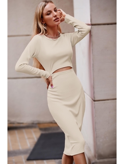 PRETTYGARDEN Women's Long Sleeve Midi Bodycon Dresses Casual Crewneck Cut Out Solid Color Fitted Pencil Dress