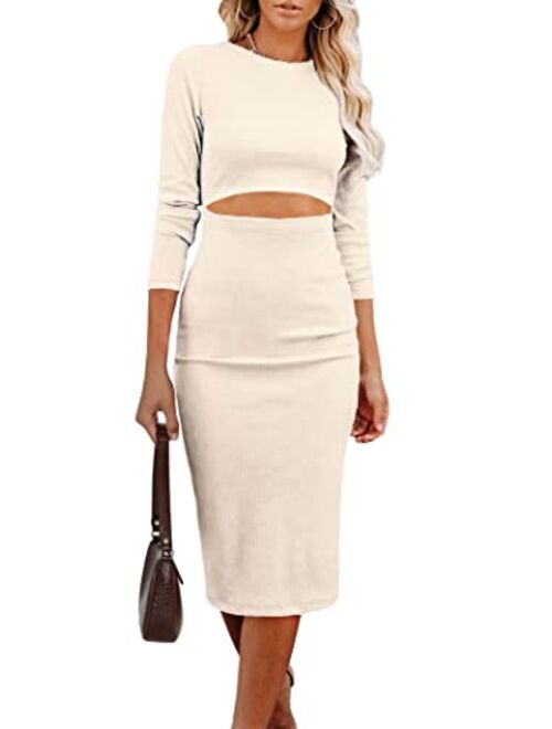 PRETTYGARDEN Women's Long Sleeve Midi Bodycon Dresses Casual Crewneck Cut Out Solid Color Fitted Pencil Dress