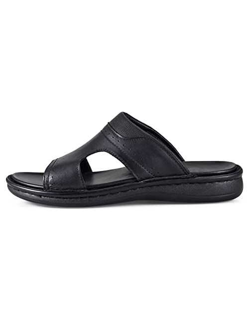 FIEEIF Men's Leather Slides Open Toe Outdoor Slippers Comfort Arch Support Retro Casual Flip Flops Summer Fisherman Slip On Sandals for Men