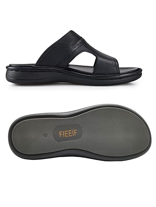 FIEEIF Men's Leather Slides Open Toe Outdoor Slippers Comfort Arch Support Retro Casual Flip Flops Summer Fisherman Slip On Sandals for Men