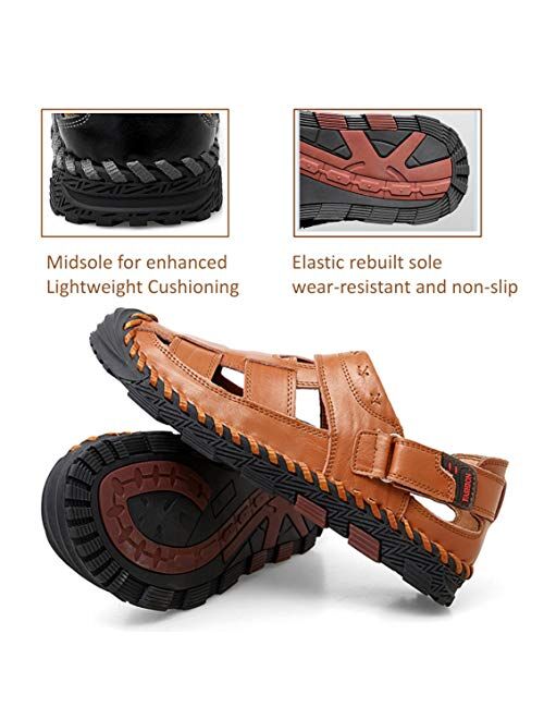 MAIZUN Men's Leather Sandal Closed Toe Sport Sandals Outdoor Summer Fisherman Beach Shoes