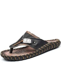 COSIDRAM Men's Leather Sandals Summer Fashion Luxury Flip Flops Casual Slippers Flat Beach Shoes for Adult Indoor Outdoor Comfort
