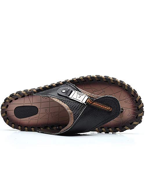 COSIDRAM Men's Leather Sandals Summer Fashion Luxury Flip Flops Casual Slippers Flat Beach Shoes for Adult Indoor Outdoor Comfort