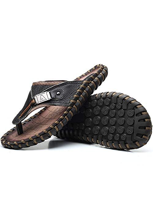 COSIDRAM Men's Leather Sandals Summer Fashion Luxury Flip Flops Casual Slippers Flat Beach Shoes for Adult Indoor Outdoor Comfort