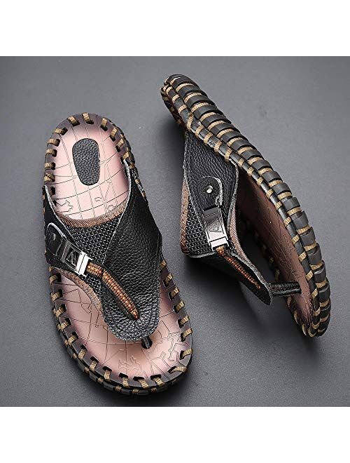 COSIDRAM Men's Leather Sandals Summer Fashion Luxury Flip Flops Casual Slippers Flat Beach Shoes for Adult Indoor Outdoor Comfort