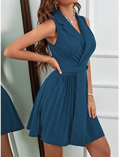 SweatyRocks Women's Elegant Sleeveless Lapel Blazer Dress Button Front Pleated Short Dresses