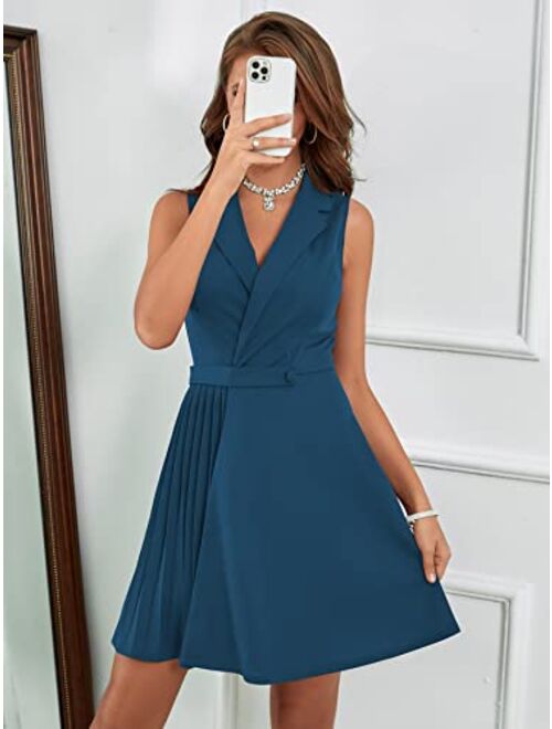 SweatyRocks Women's Elegant Sleeveless Lapel Blazer Dress Button Front Pleated Short Dresses