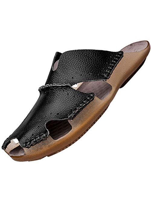 Aliwendy Mens Leather Sandals Casual Slippers Non-Slip Outdoor Slides Fashion Summer Beach Closed Toe Shoes
