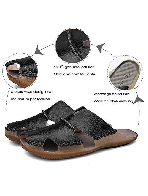Aliwendy Mens Leather Sandals Casual Slippers Non-Slip Outdoor Slides Fashion Summer Beach Closed Toe Shoes