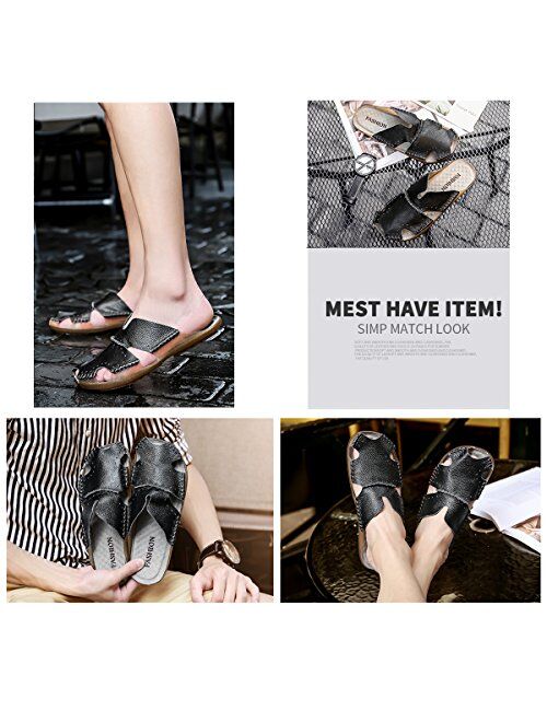 Aliwendy Mens Leather Sandals Casual Slippers Non-Slip Outdoor Slides Fashion Summer Beach Closed Toe Shoes
