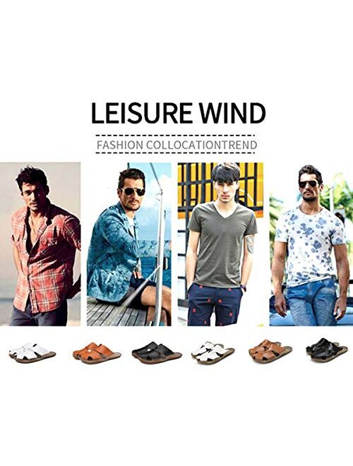 Aliwendy Mens Leather Sandals Casual Slippers Non-Slip Outdoor Slides Fashion Summer Beach Closed Toe Shoes