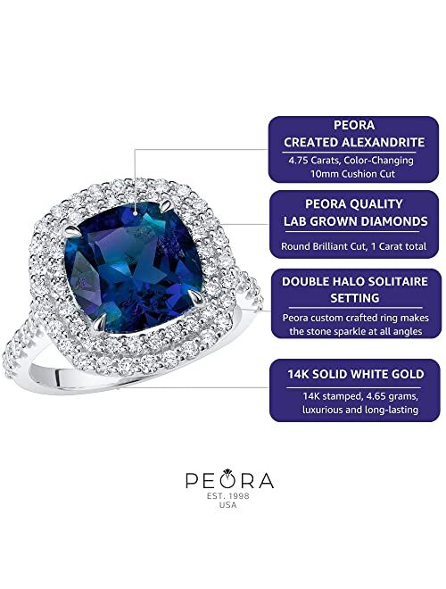 Peora 5.75 Carats Created Alexandrite Lab Grown Diamond Ring in 14K White or Yellow Gold, Color-Changing Cushion Cut, Sizes 4 to 10