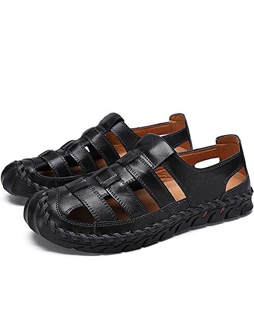 Bitiger Mens Closed Toe Leather Sandals Outdoor Fisherman Sporty Summer Shoes Breathable Loafer Slipper for Hiking Sporting