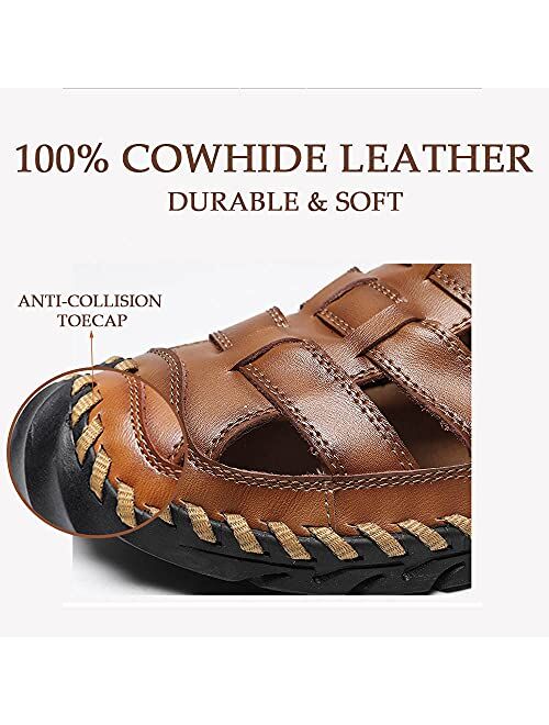 Bitiger Mens Closed Toe Leather Sandals Outdoor Fisherman Sporty Summer Shoes Breathable Loafer Slipper for Hiking Sporting